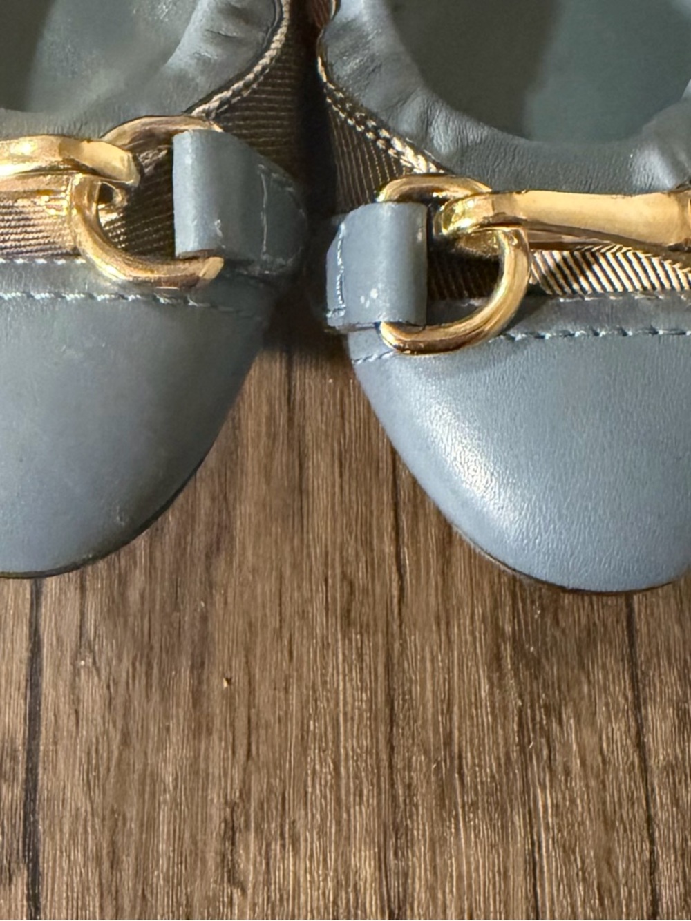 Burberry Blue Leather & Iconic Check Ballet Flats with Gold Hardware - Picture 3 of 5
